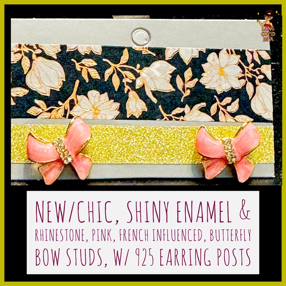 NEW/Chic, Shiny Enamel & Rhinestone, Pink, French Influenced Butterfly Bow Studs